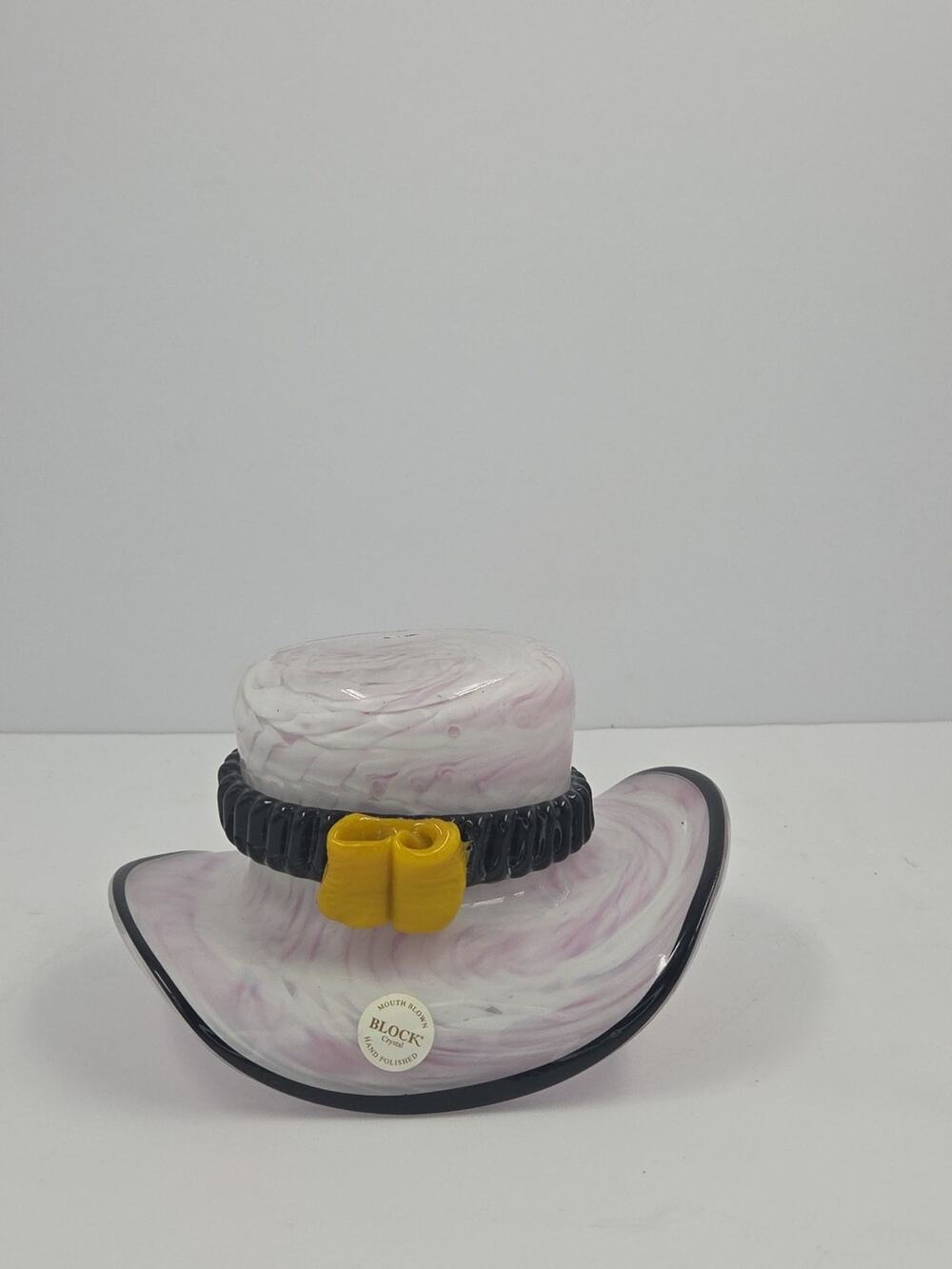 Block Crystal Art Glass Hat Candy Dish w/ Flower Mouth Blown Hand Polished